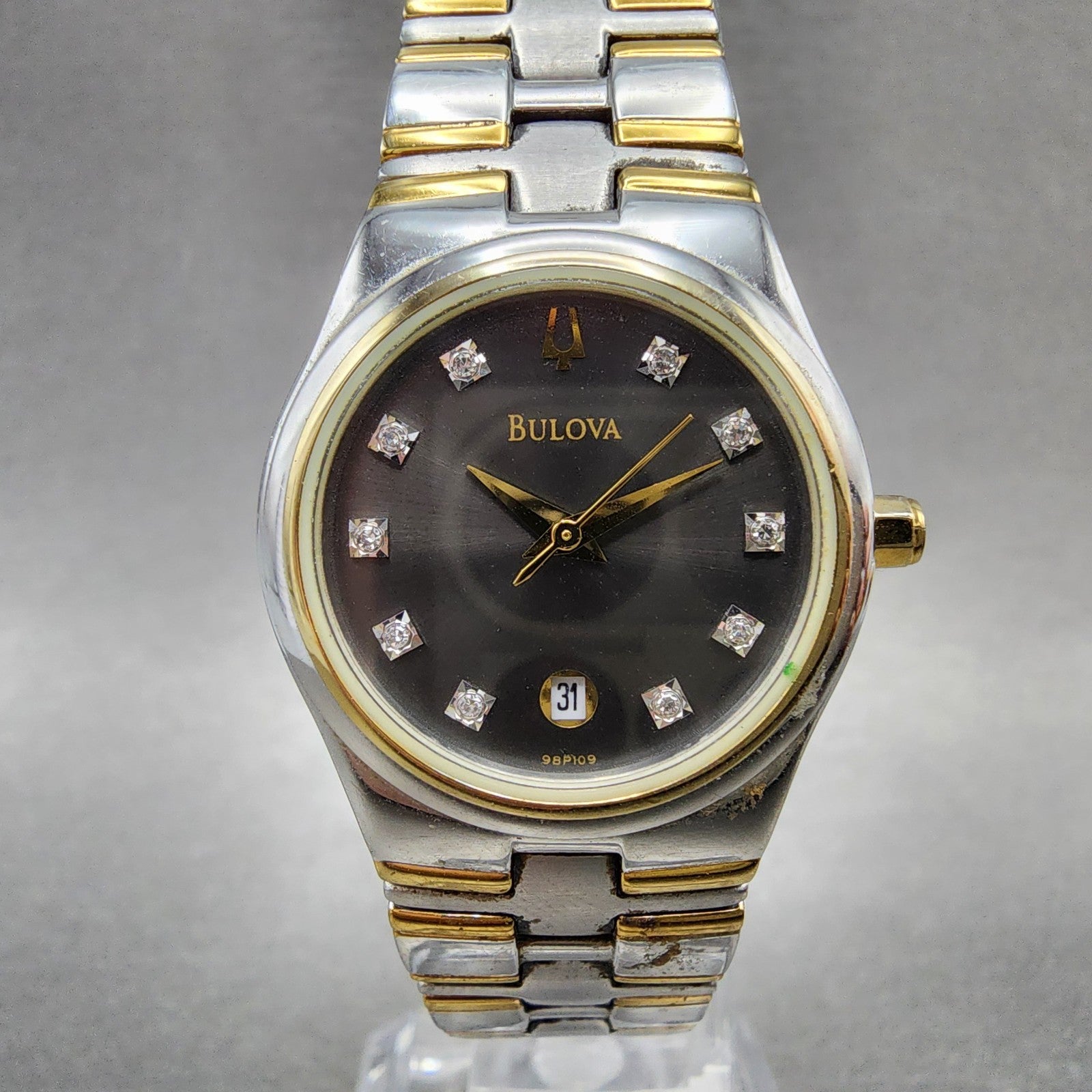 Bulova Watch Women 26mm Black Dial Two Tone Diamond Marker 98P109 New Battery0