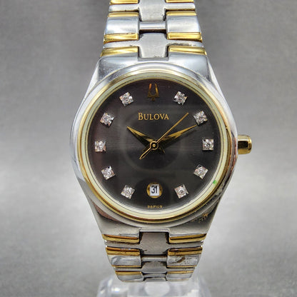 Bulova Watch Women 26mm Black Dial Two Tone Diamond Marker 98P109 New Battery0