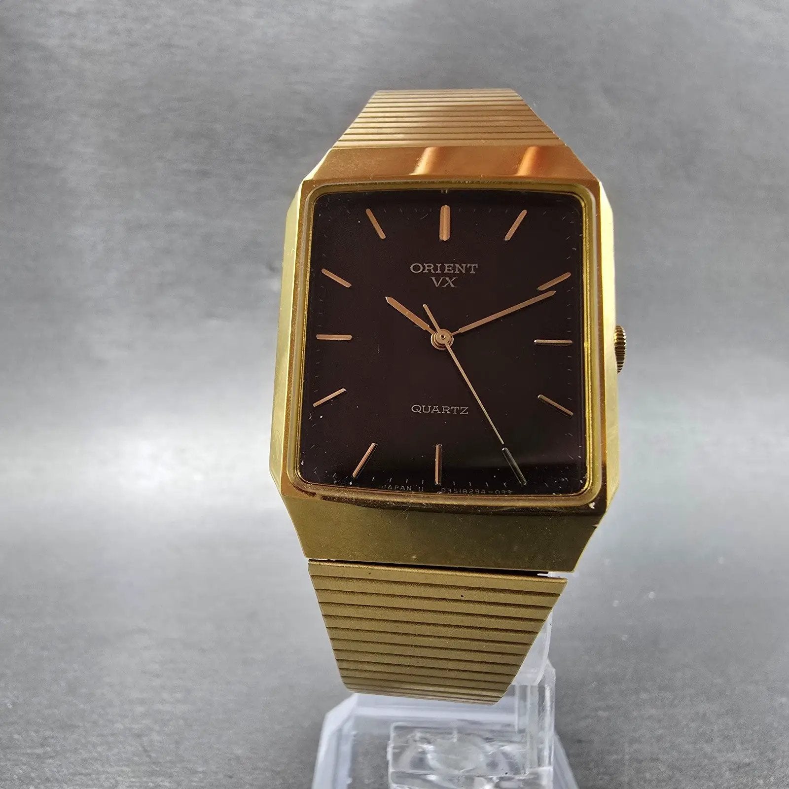 Orient VX Tank Watch Men 28mm Brown Dial Gold Tone Rectangle New Battery5