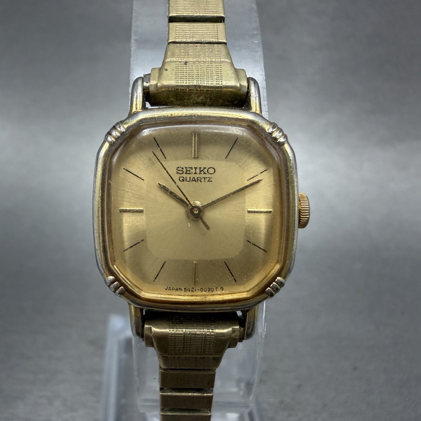 Seiko Watch Women 20mm Champagne Dial Gold Tone Rectangle 54215019 New Battery0