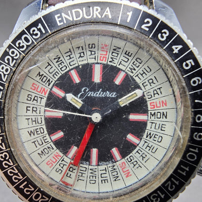 Endura Perpetual Calendar Watch Men 38mm Black Dial Silver Tone Manual Wind PART2