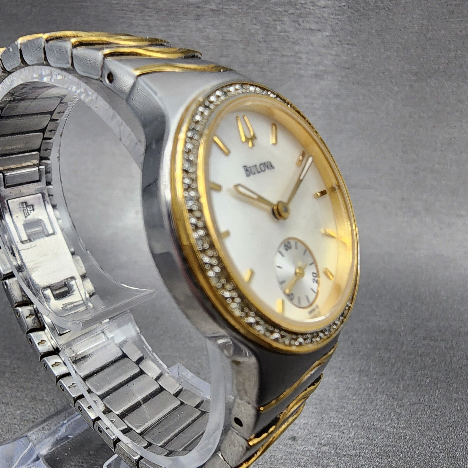 Bulova Watch Women 29mm MOP Dial Two Tone Diamond Bezel Round New Battery 98W123