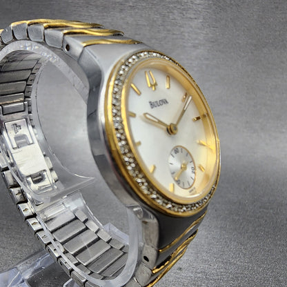 Bulova Watch Women 29mm MOP Dial Two Tone Diamond Bezel Round New Battery 98W123