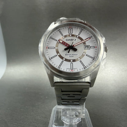 Casio MTP-E700 Watch Men 39mm White Dial Silver Tone Date Metal Bracelet Round5