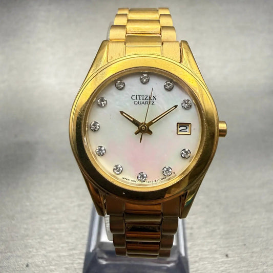 Citizen Watch Women 26mm MOP Dial Gold Gemmed Date Round 1012-S075688 New Batt0