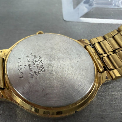 Seiko SX Watch Men 34mm Black Dial Gold Tone Round Vinatge V701-6K00 New Battery9