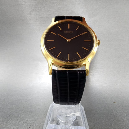 Seiko Watch Men 34mm Black Dial Gold Tone Round V7008A10 Leather PARTS6