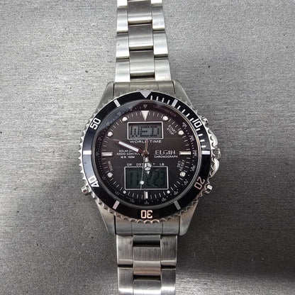 Elgin Dive Watch Men 42mm Black Dial Steel Atomic Solar Analog Digital Runs READ0