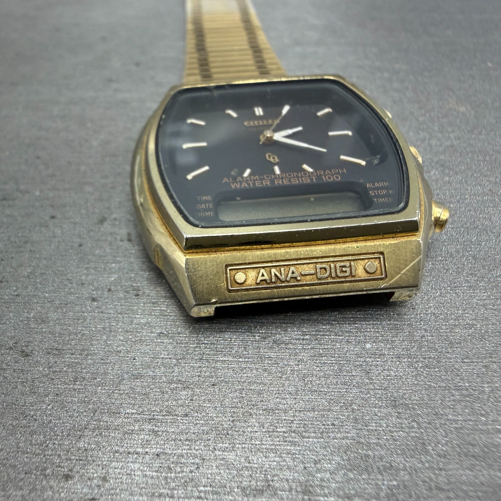 Citizen Analog Digital Watch Men 35mm Black Dial Gold Alarm Chrono 4-082699 PART3