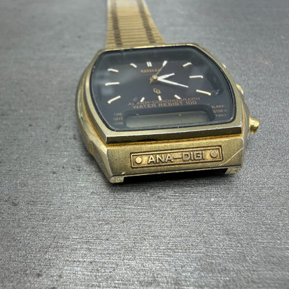 Citizen Analog Digital Watch Men 35mm Black Dial Gold Alarm Chrono 4-082699 PART3