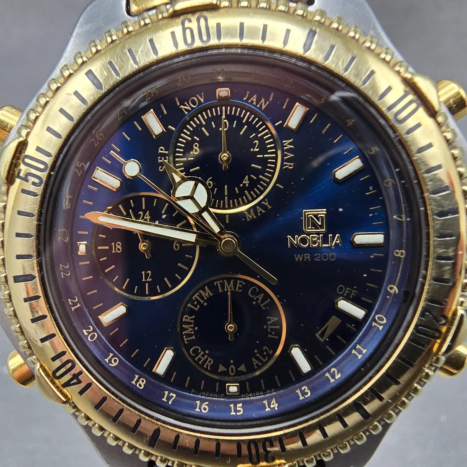 Citizen Noblia Chronograph Watch Men 42mm Blue Dial Two Tone READ!! Alarm NewBat1