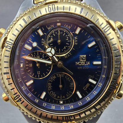 Citizen Noblia Chronograph Watch Men 42mm Blue Dial Two Tone READ!! Alarm NewBat1
