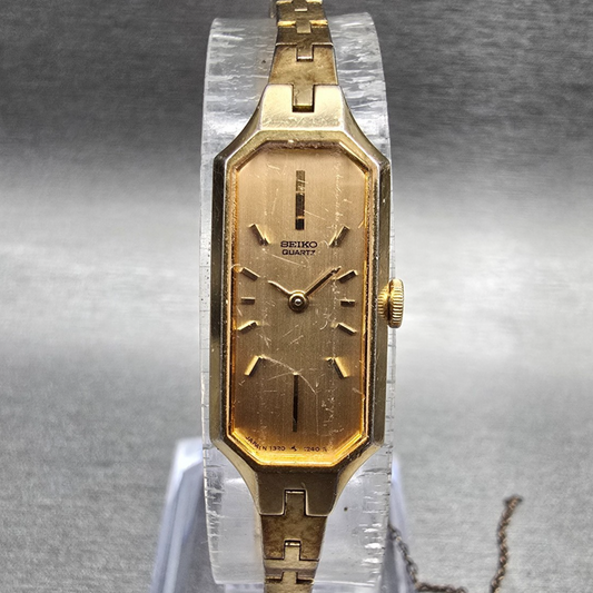 Seiko Watch Women 13mm Gold Dial Gold Tone Rectangle 1320-5940 New Battery JP0