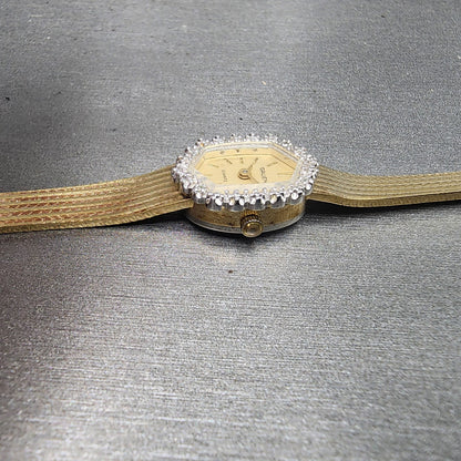 Gruen Watch Women 14mm Gold Dial Gold Tone Hexagon Diamond Bezel READ!! New Batt3