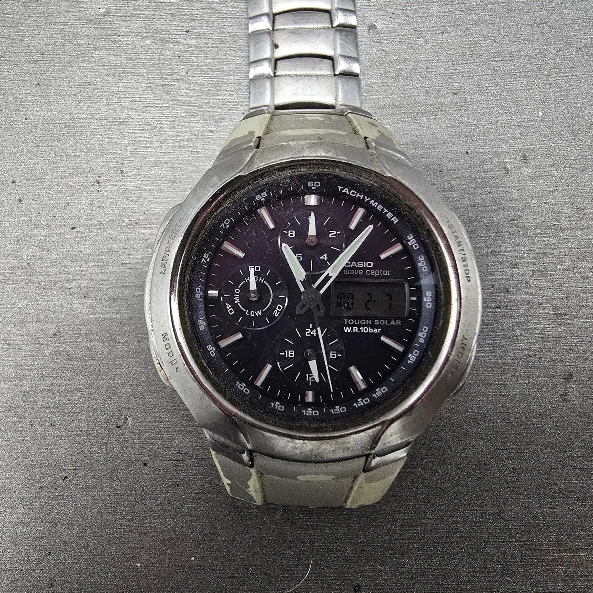 Casio Wave Ceptor Watch Men 43mm Blue Dial Analog Digital Steel WVA-500J READ!!!0