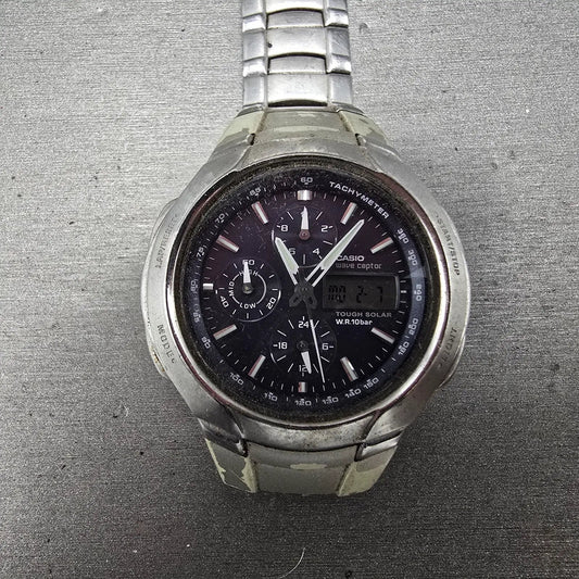 Casio Wave Ceptor Watch Men 43mm Blue Dial Analog Digital Steel WVA-500J READ!!!0