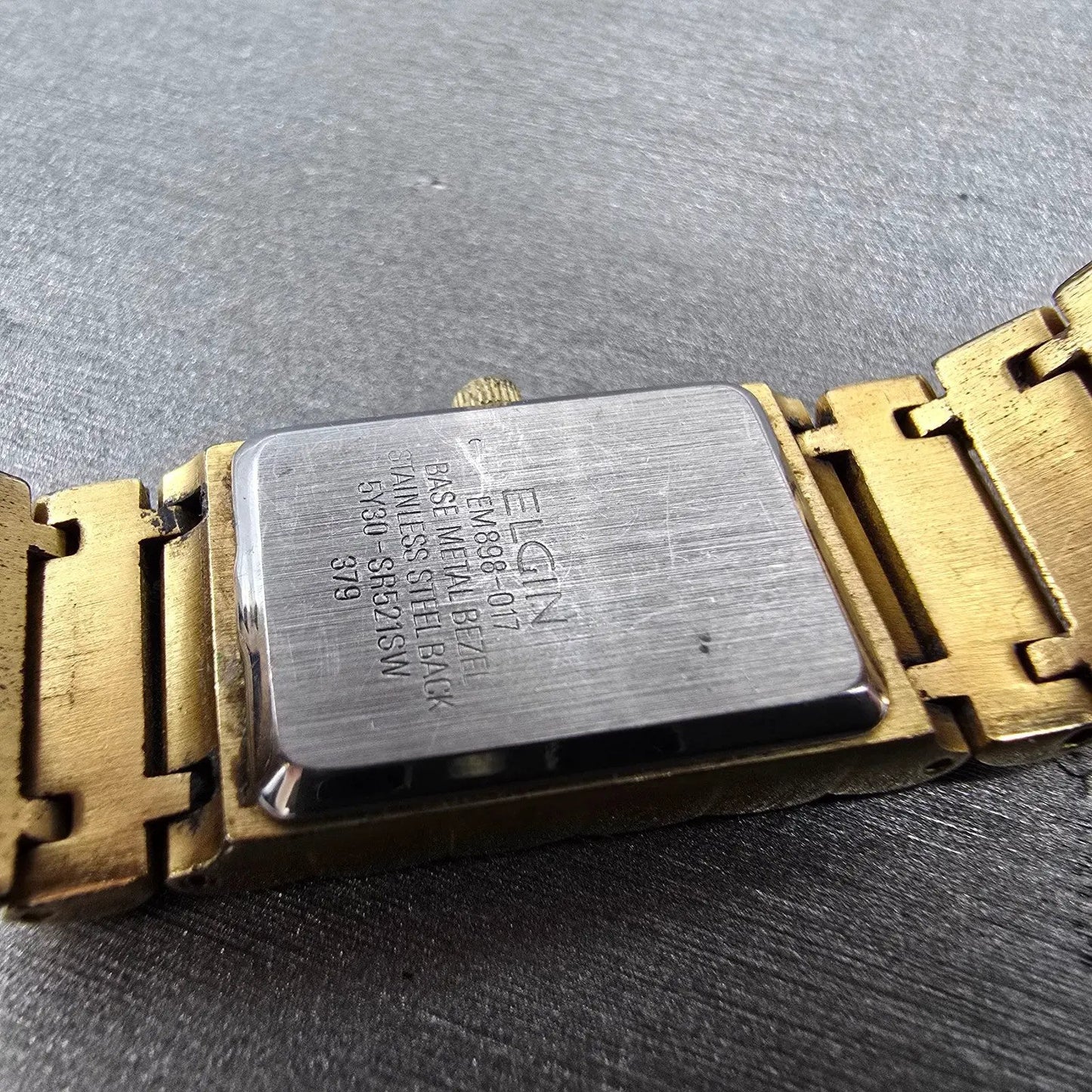 Elgin Tank Watch Women 16mm Gold Dial Gold Tone Rectangle New Battery EM898-01710