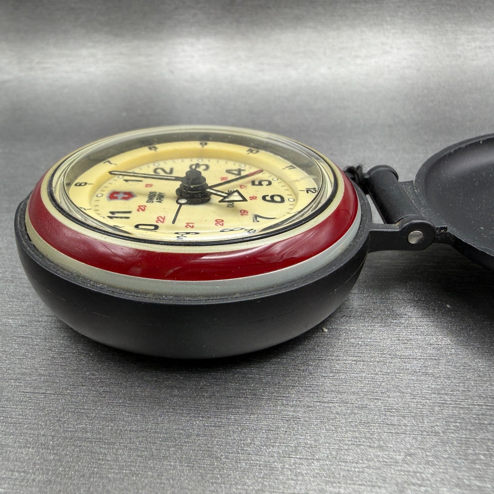 Victorinox Swiss Army Travel Alarm Clock Cream Dial Black Round 65mm PARTS6