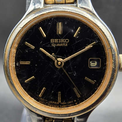 Seiko Watch Women 23mm Black Dial Two Tone Date Round 7N82-0228 New Battery JP11