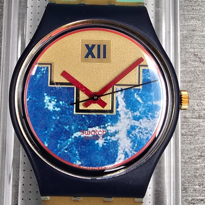 Swatch Blue Flamingo Watch Men 34mm Blue Dial Black Case GN114 New Battery NOS1