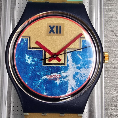 Swatch Blue Flamingo Watch Men 34mm Blue Dial Black Case GN114 New Battery NOS1