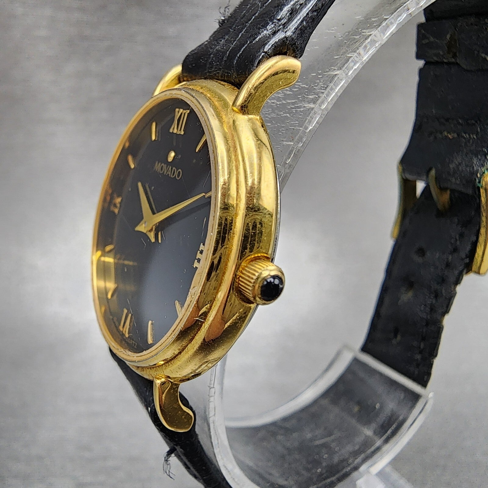 Movado Watch Women 28mm Black Dial Gold Tone Round 87.66.835 New Battery VTG2