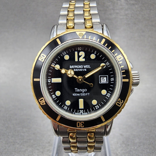 Raymond Weil Tango Diver Watch Women 30mm Black Dial Two Tone Date 5363 New Batt