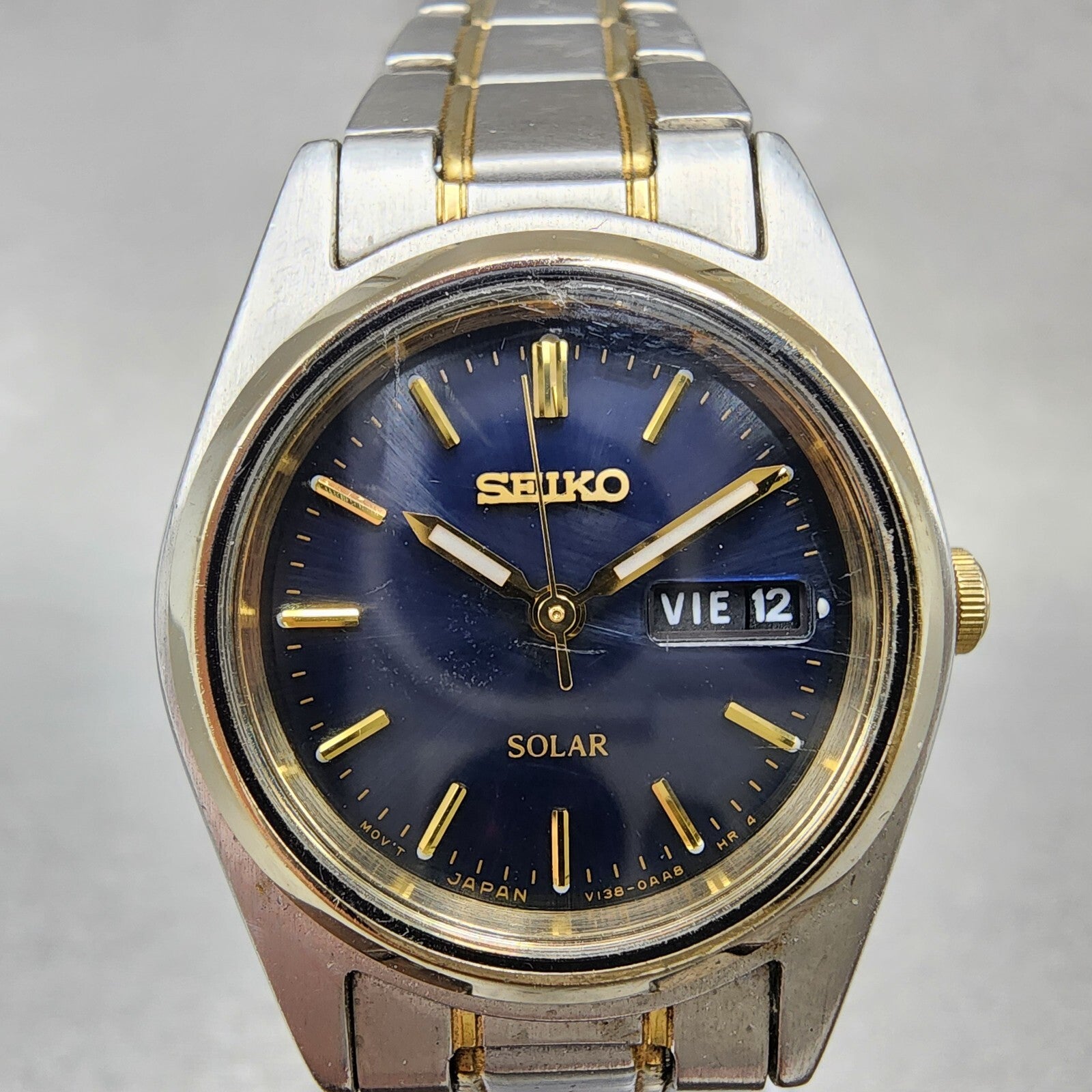 Seiko Solar Watch Women 25mm Blue Dial Two Tone Daydate Round V1380AA0 Runs1