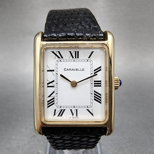 Bulova Caravelle Tank Watch Women 23mm White Dial Gold Tone Rectangle Manual0