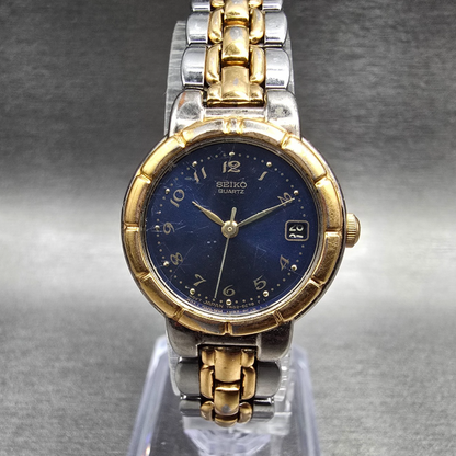 Seiko Watch Women 23mm Blue Dial Two Tone Date Round 7N82-6B79 New Battery JP4530