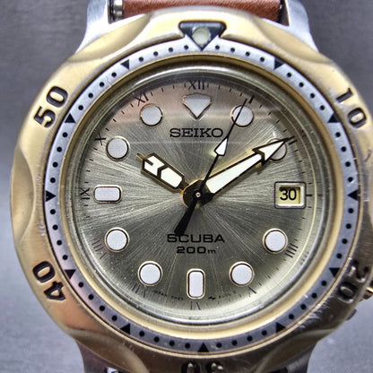 Seiko Scuba Watch Men 39mm Champagne Dial Two Tone Date 5H25-6000 Round PARTS2