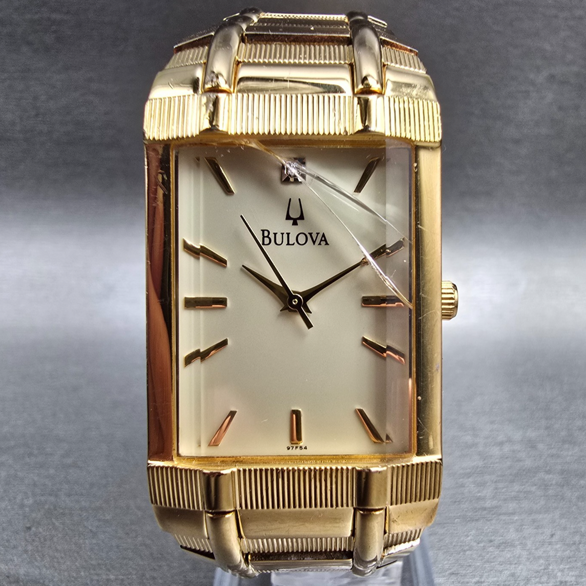 Bulova Watch Men 25mm Champagne Dial Gold Tone Rectangle 97F54 New Battery0