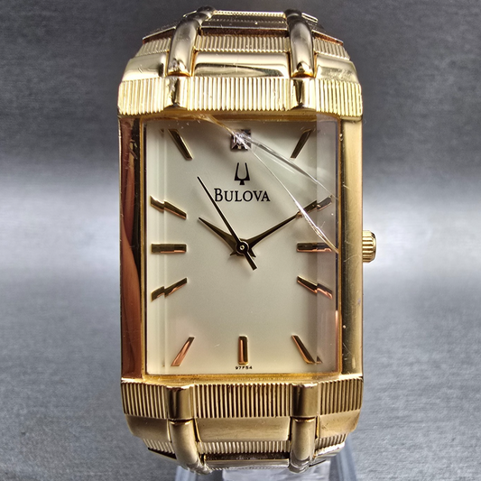 Bulova Watch Men 25mm Champagne Dial Gold Tone Rectangle 97F54 New Battery0