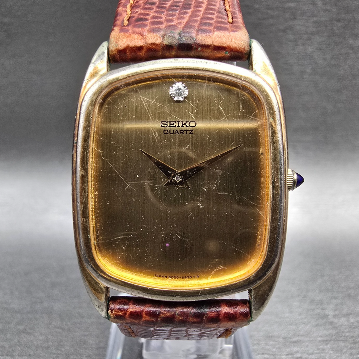 Seiko Tan Watch Men 26mm Gold Dial Gold Tone Rectangle 6020-5699 New Battery VTG0