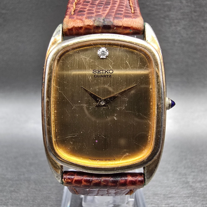 Seiko Tan Watch Men 26mm Gold Dial Gold Tone Rectangle 6020-5699 New Battery VTG0