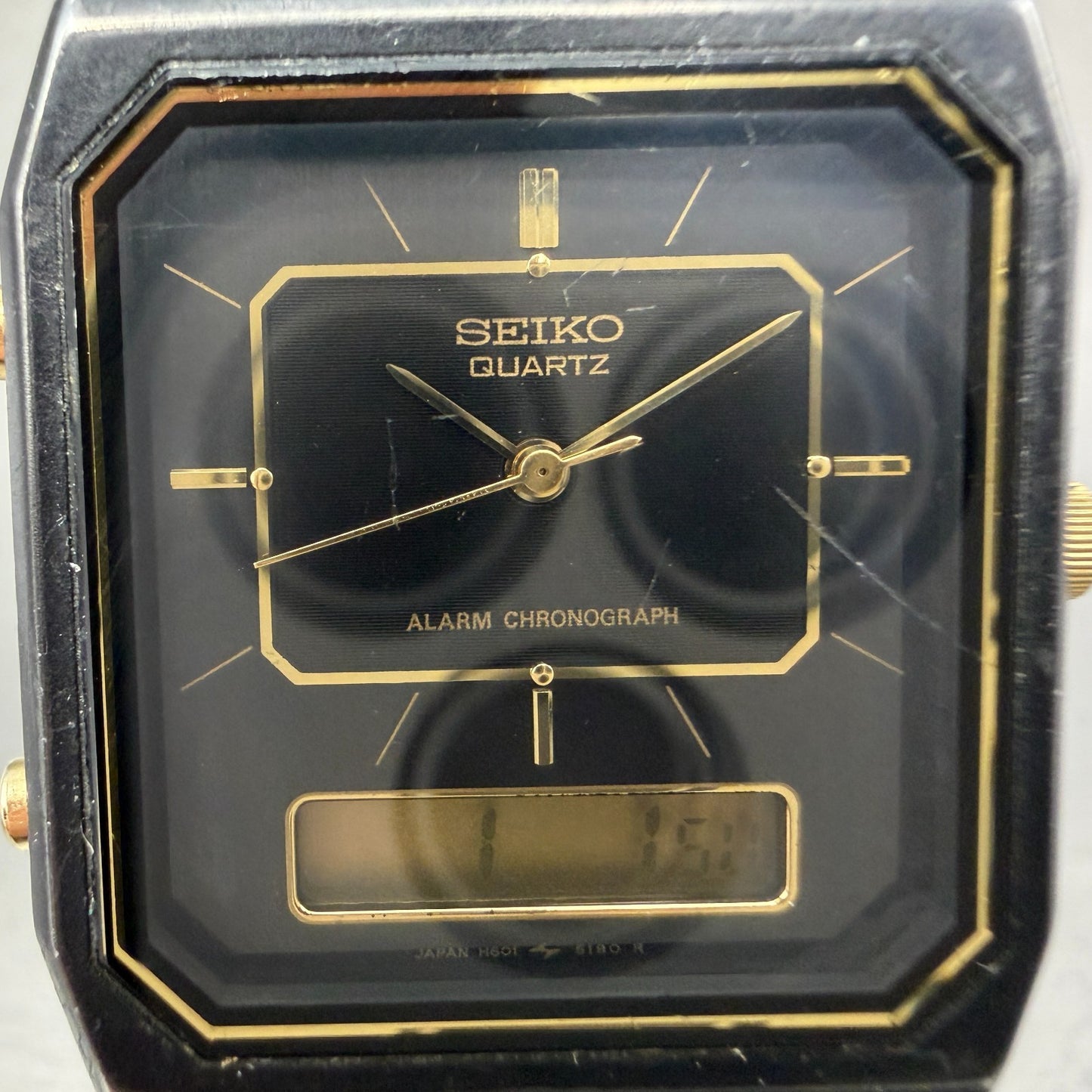 Seiko Analog Digital Watch Men 29mm Black Dial Black Gold Tone H601-5179 New Bat1
