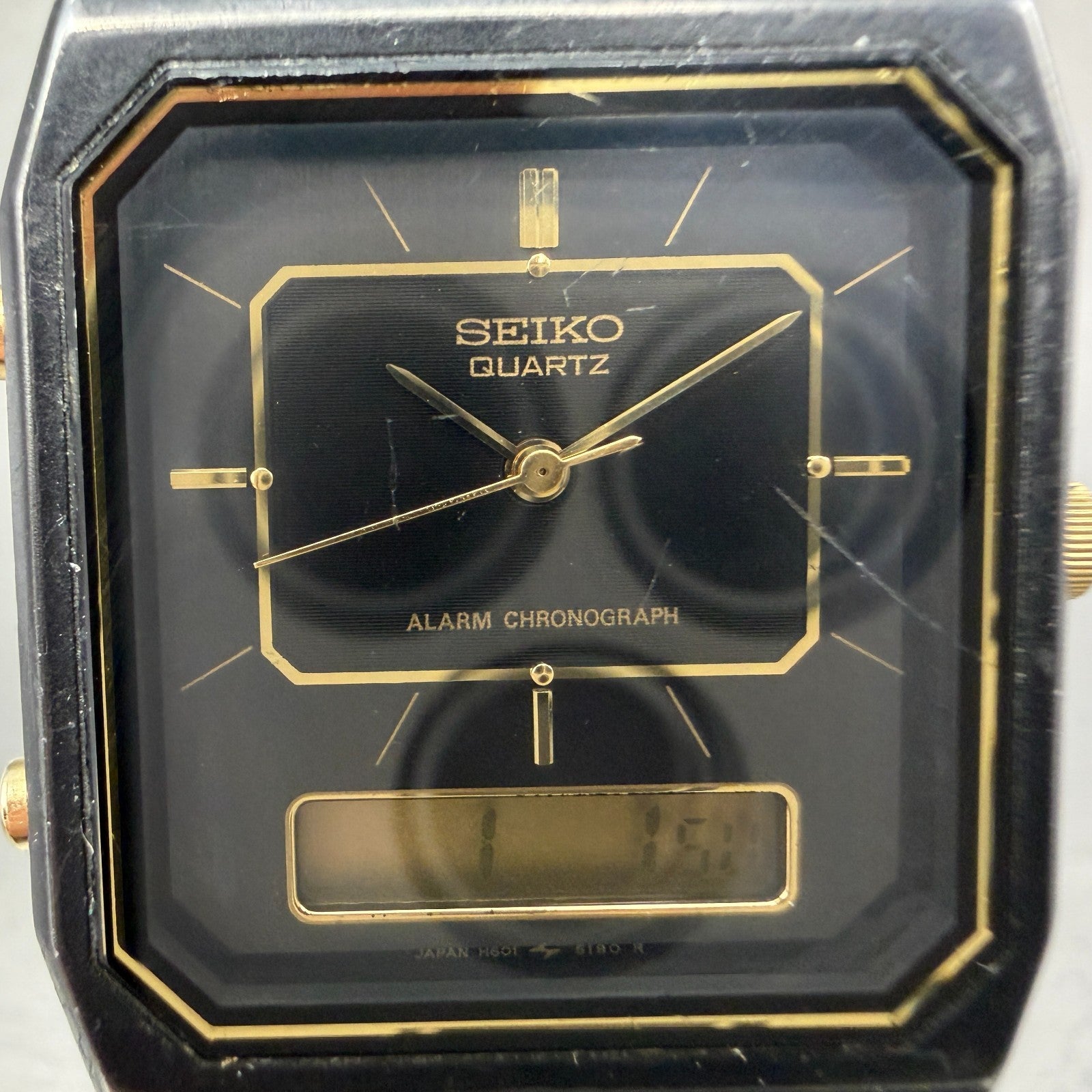 Seiko Analog Digital Watch Men 29mm Black Dial Black Gold Tone H601-5179 New Bat1
