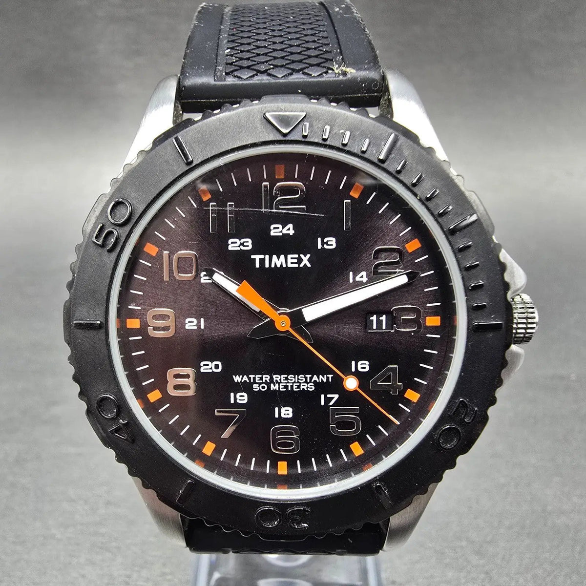 Timex Taft Street Dive Watch Men 41mm Black Dial Silver Date Round New battery0