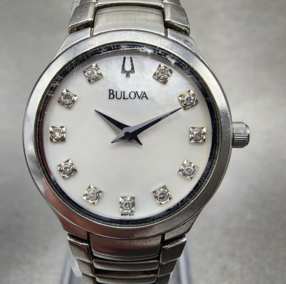 Bulova Watch Women 25mm MOP Dial Stainless Steel Diamond Accents new Battery0