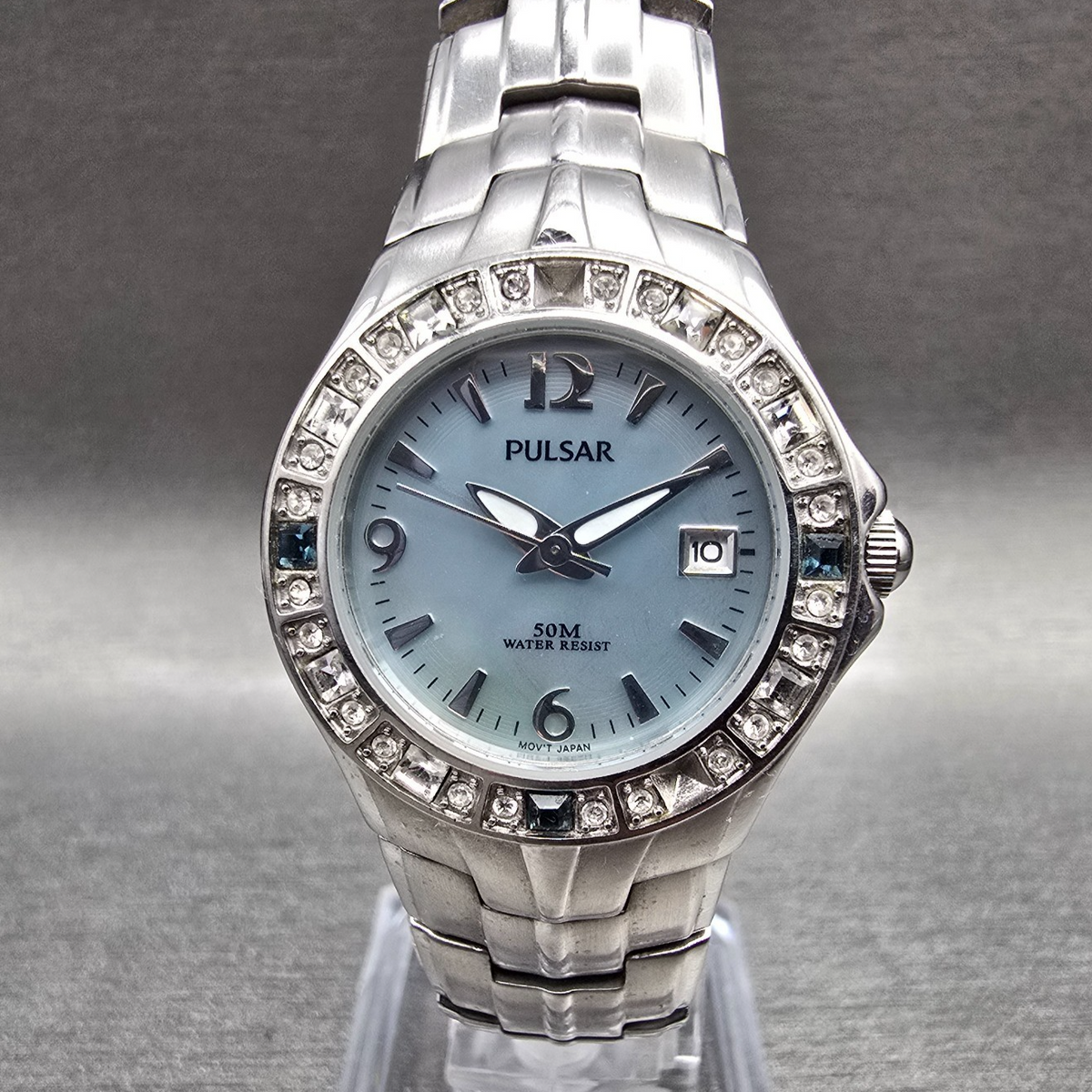 Seiko Pulsar Watch Women 27mm MOP Dial Silver Tone Gemmed Date VX82-X416 New Bat0