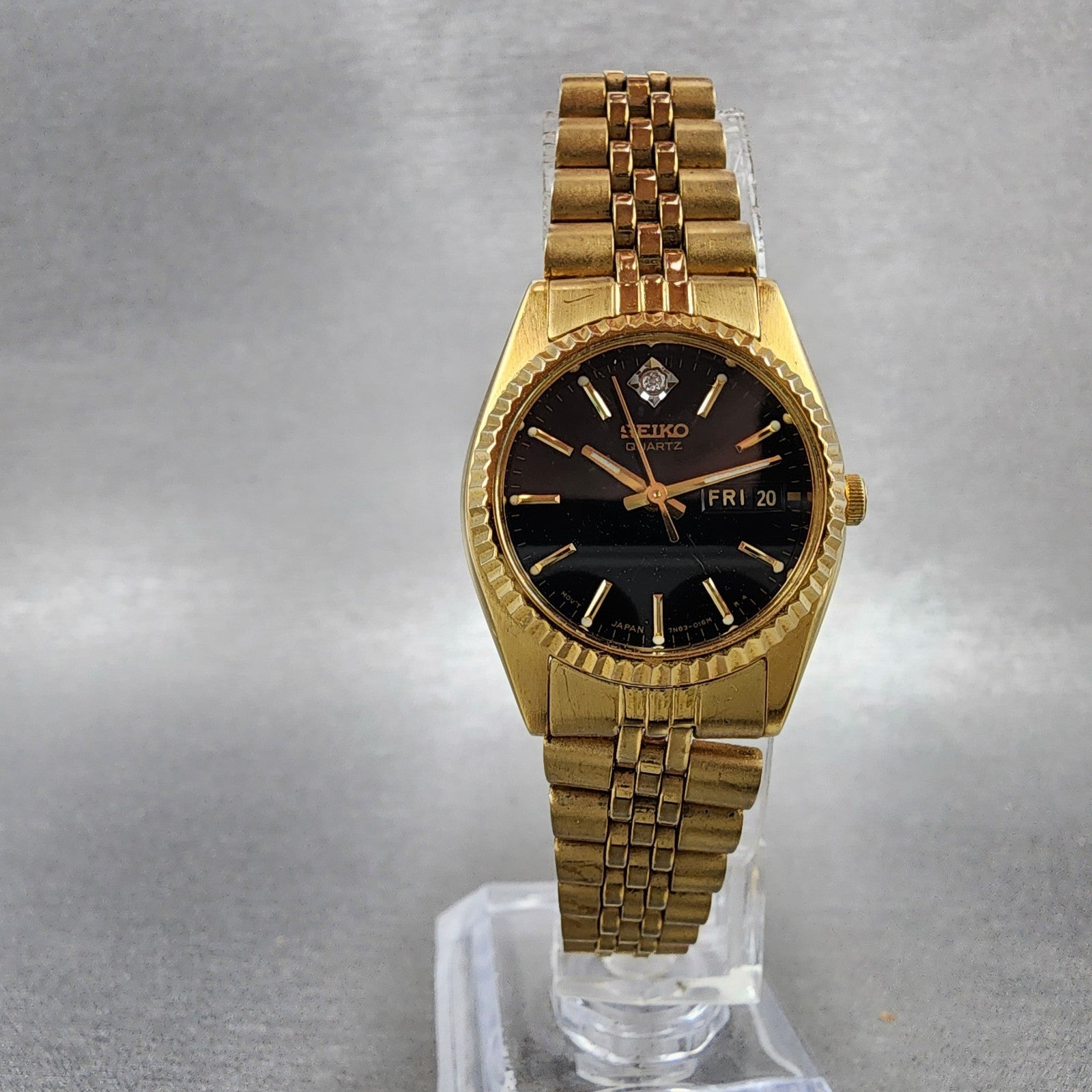 Seiko Watch Women 24mm Black Tone Gold Tone Daydate Round 7N830041 New Battery5