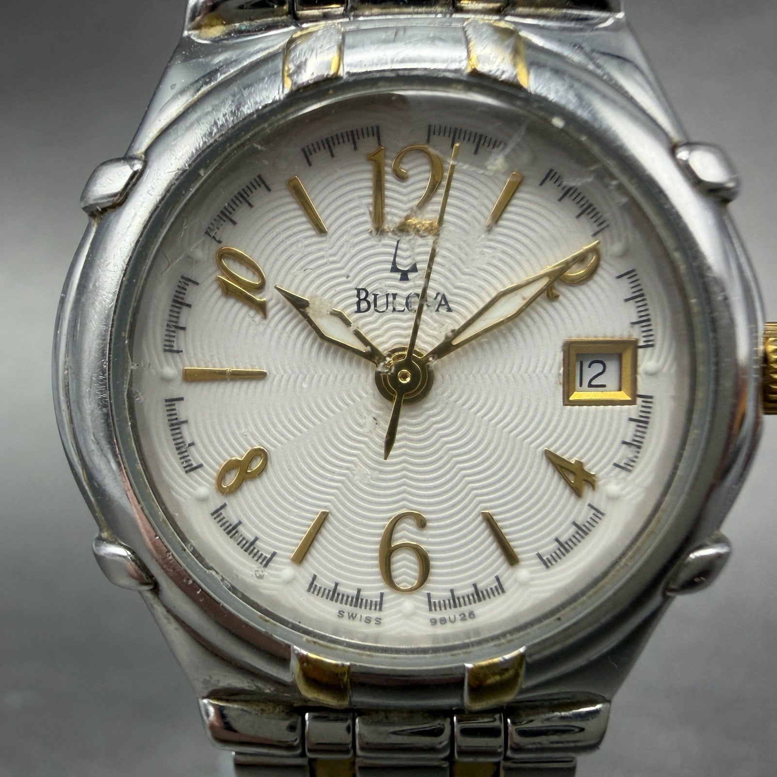 Bulova Watch Women 27mm White Dial Two Tone Date Round 98U26 New Battery1