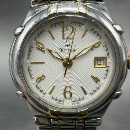 Bulova Watch Women 27mm White Dial Two Tone Date Round 98U26 New Battery1