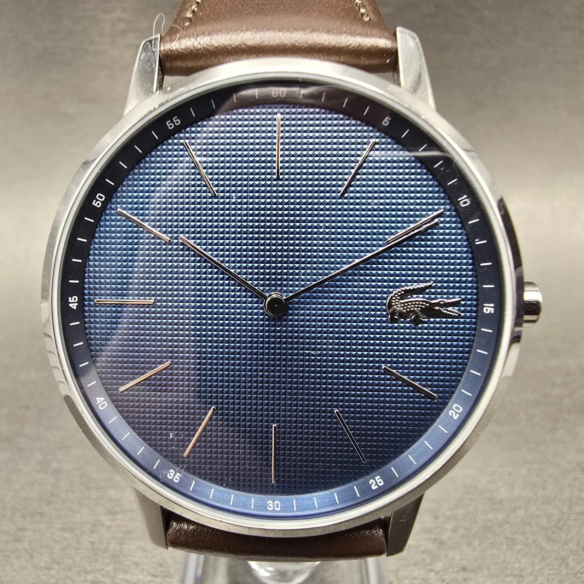 Lacoste Watch Men 41mm Blue Dial Silver Tone Round Leather Band New Battery0