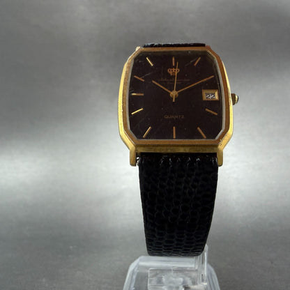 Jules Jurgenson Tank Watch Men 28mm Black Dial Gold Tone Date Rectangle PARTS6