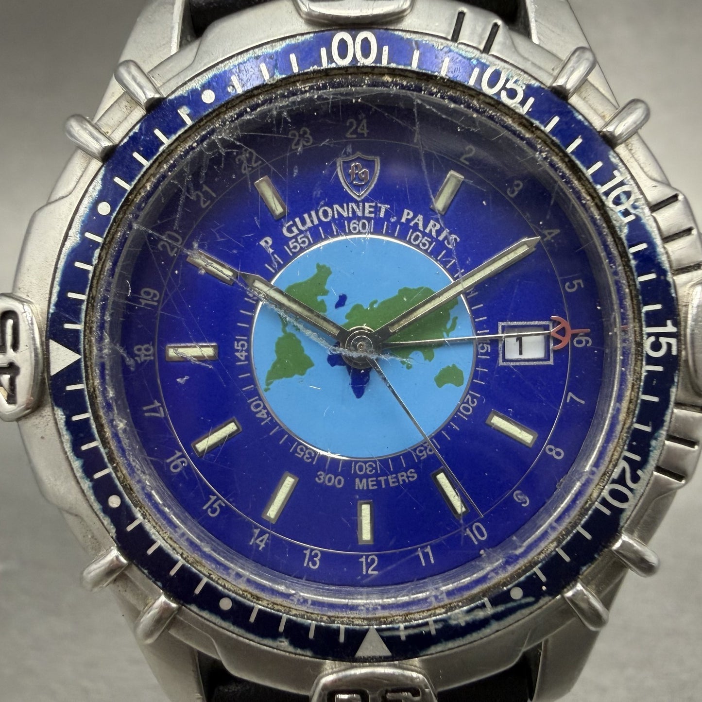 P Guionnet GMT Watch Men 40mm Blue Dial Steel Date Round  New Battery1