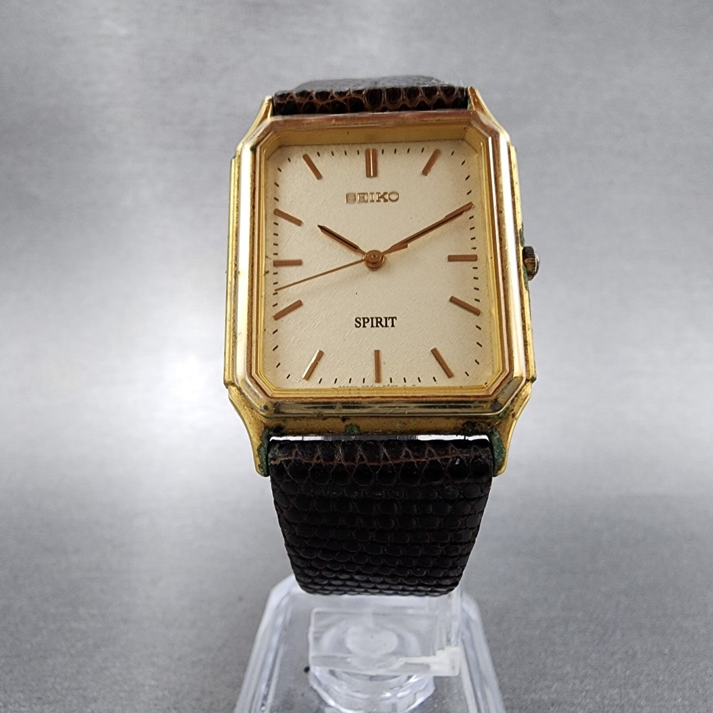 Seiko Spirit Tank Watch Men 26mm White Dial Gold Tone 5e31-5b60 New Battery