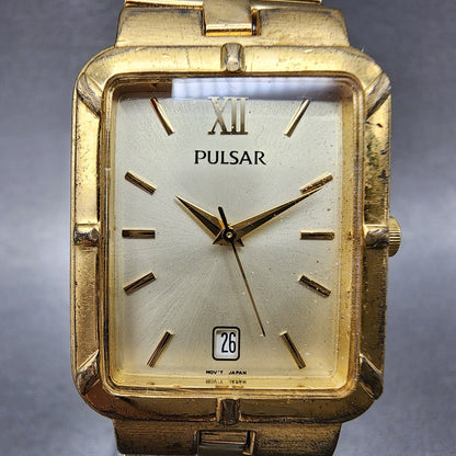 Pulsar Tank Watch Men 26mm Champagne Dial Gold Tone Date Rectangle New Battery