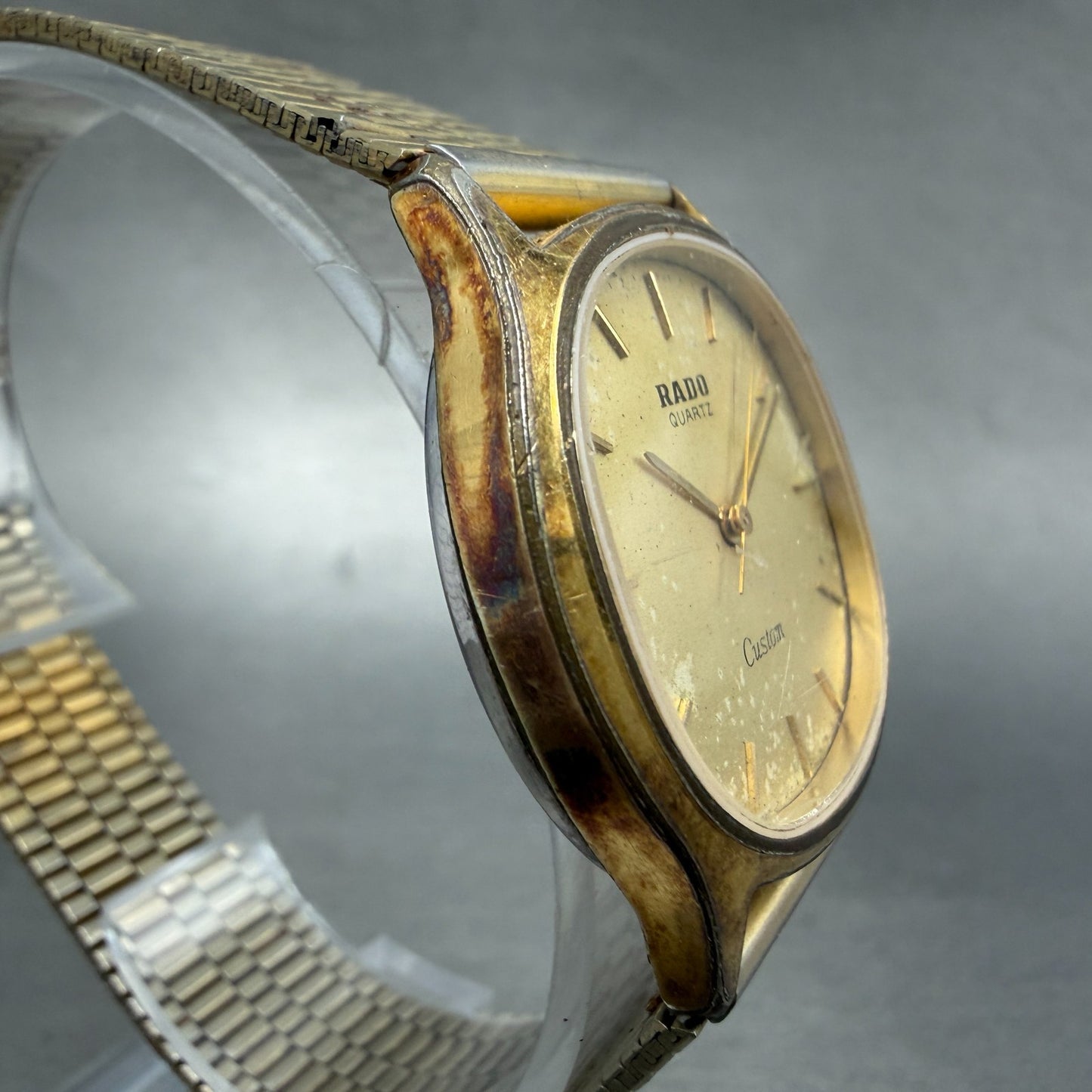 Rado Custom Watch Men 34mm Gold Dial Gold Tone Oval 713.5055.2 New Battery3