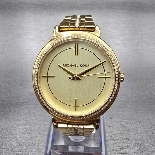 Michael Kors Cinthia Watch Women 33mm Gold Dial Gold Tone Gemmed MK3681 New Batt0